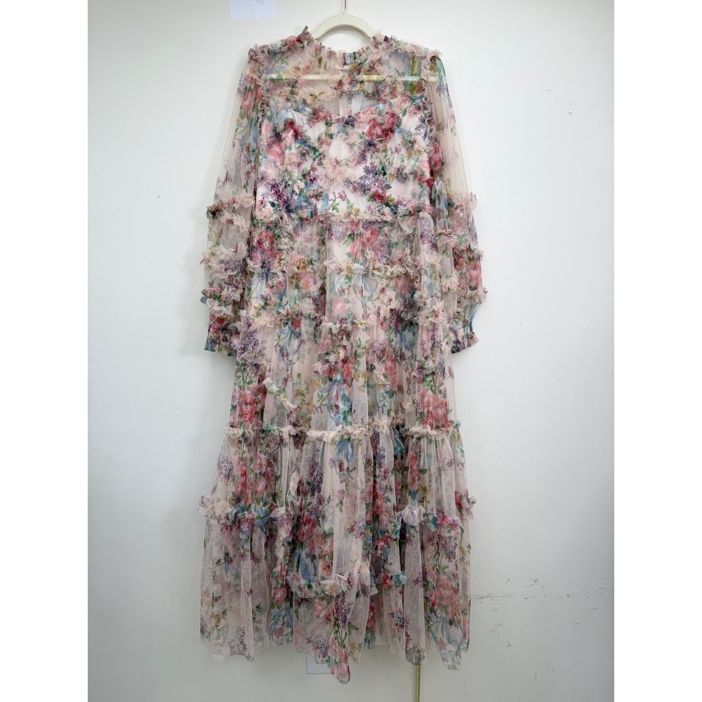 Catchall Floral Mesh Maxi Dress Womens XL New Tiered Ruffle Sheer Sleeve 0153 - Picture 3 of 10